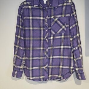 Arizona Woman's Teen Girls Purple Plaid Flannel Long Sleeve Size XS